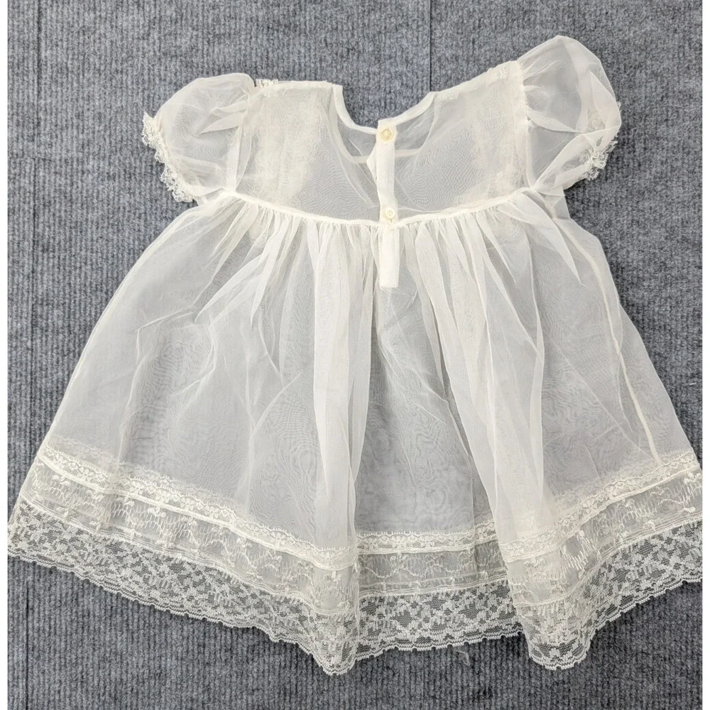 Vintage Baby Chiffon Dress Girls 0-6M Peasant Prairie Victorian Baptism Lace